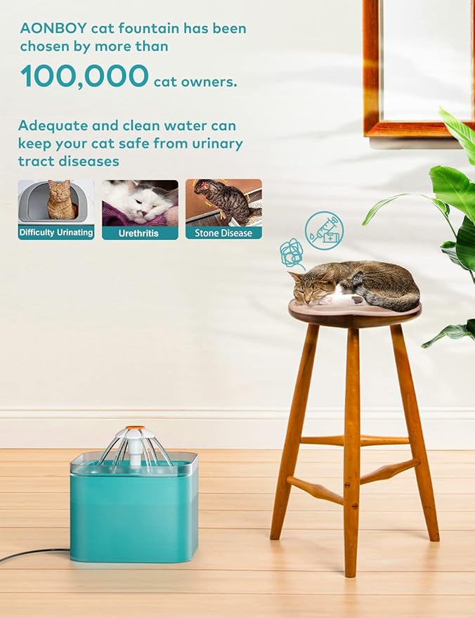Cat Water Fountain for Drinking: Automatic Dog Bowl Dispenser - Pet Waterer Bowls Fountains - Auto Cats Dish Supplies - Quiet Animal Watering Machine - 67oz/2L Green Kitty Drink Dishes - AONBOY