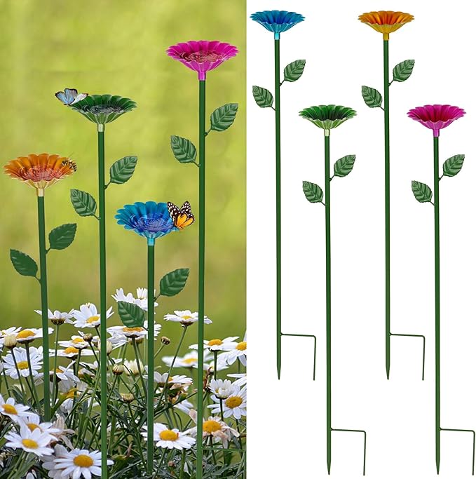 4 Pack Bee Watering Station, Bee Bath for Garden Metal Bee Water Feeder with Flower Design, Colorful Butterfly Bee Bath Bowl for Outdoor Garden Yard Decor (Red,Green,Blue,Yellow)