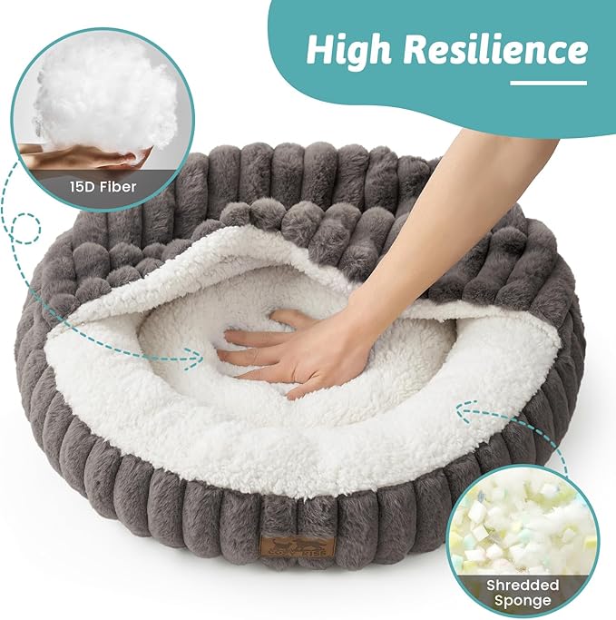 Dog Bed with Hooded Blanket, Round Fluffy Anti-Anxiety Pet Bed for Medium Dogs & Large Dogs, Cozy Donut Cuddler with Machine Washable Faux Fur & Anti-Slip Bottom(35"×35"×7",Grey)