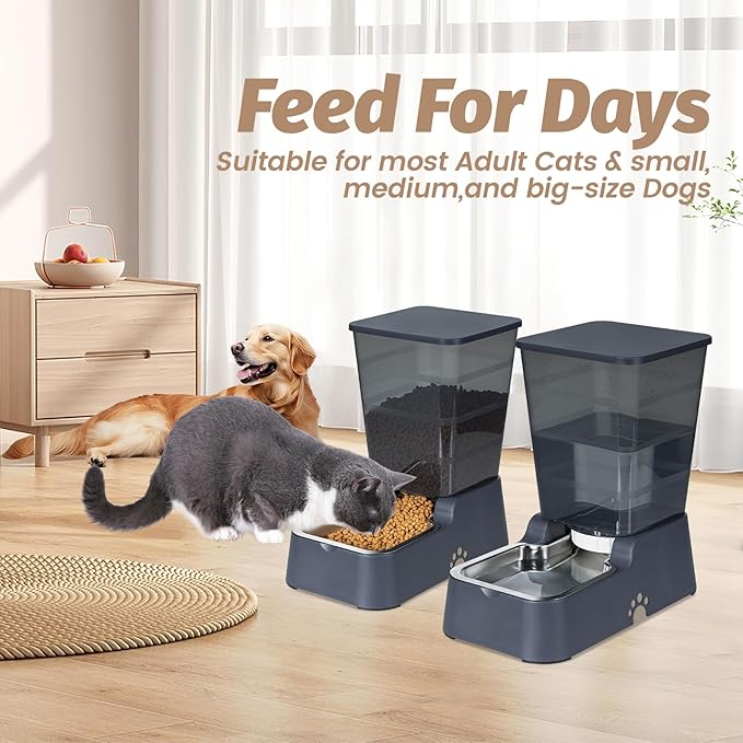 Automatic 5.4L/1.4Gal Pet Waterer, Automatic Dog Water Dispenser Gravity Stainless Steel Water Feeder, Large Capacity Feeding Bowls for Cats and Medium & Large-Sized Dogs (Black, Food+Water)