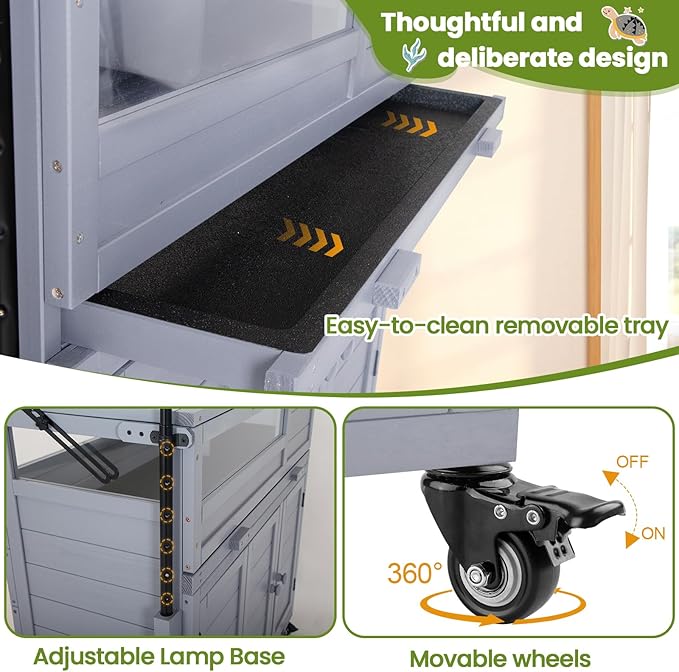 Premium Reptile Habitat Enclosure for Tortoises, Lizards, and Snakes - Adjustable Lighting, 360° Wheels, Easy-Clean Design, and Secure Ventilation-（Light Gray