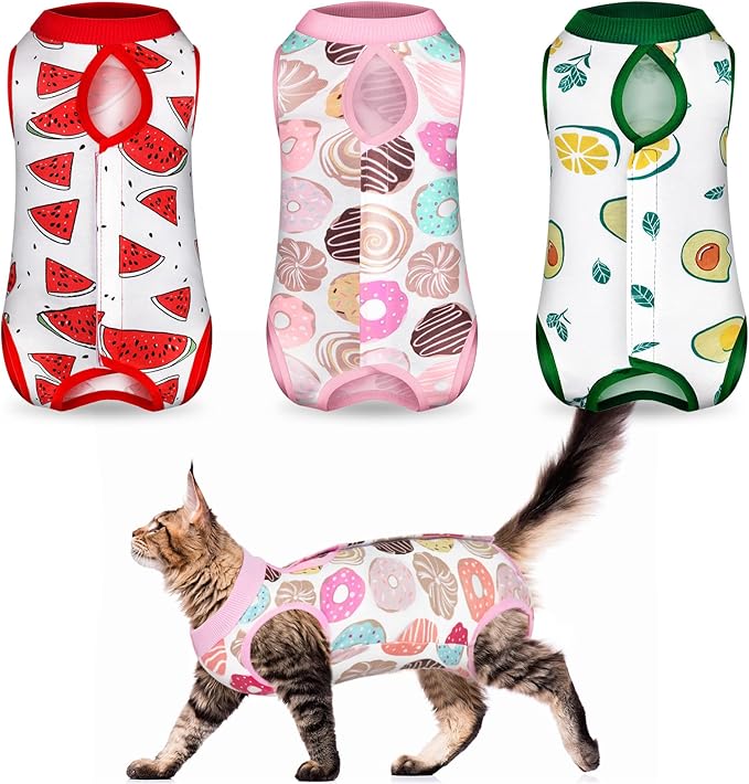 Nuanchu 3 Pieces Cat Recovery Suit Kitten Recovery Suit E-Collar Alternative for Cats and Dogs Abdominal Skin Anti Licking Pajama Clothes Sets(Watermelon Pattern,Large)