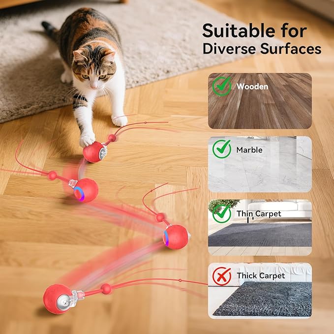 Interactive Cat Toys Ball for Indoor Cats, Automatic Pet Toys for Bored Indoor Adult Cats, Motion Activated, USB Rechargeable, Christmas Birthday Gifts (RED)