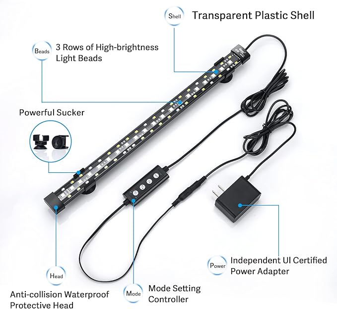 hygger 24/7 Mode Submersible Aquarium LED Light, Full Spectrum Hidden Fish Tank Light with 3 Rows Beads 7 Colors Auto On Off Sunrise-Daylight-Moonlight, Adjustable Timer Brightness 6W