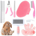 Rabbit and Small Pet Grooming Kit - Slicker Brush, Massage Glove, Nail Clipper, Flea Comb, Double-Sided Brush for Rabbits, Guinea Pigs, Hamsters (Pink)
