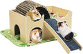 Fhiny Guinea Pig Hideout, Wooden Guinea Pig Castle with Ramp Bridge and Soft Mat Large Small Animal House Piggies Hideaway Hamster Habitat Decor for Chinchilla Hedgehog Squirrel Hamster Gerbil Rat