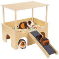 Large Wooden Guinea Pig Hideout, 2-tier Guinea Pig House with Non-slip Stairs, Small Animal Cage House, Cushioned Pads Included, Pet Habitat for Hamster Playing, Hiding