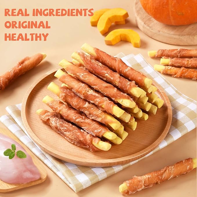 Dog Treats Pumpkin Biscuits Chicken Wrapped, Healthy Chewy Snacks High Fiber Low Fat, Training Treats for Small Medium Large Dogs, 10.6oz