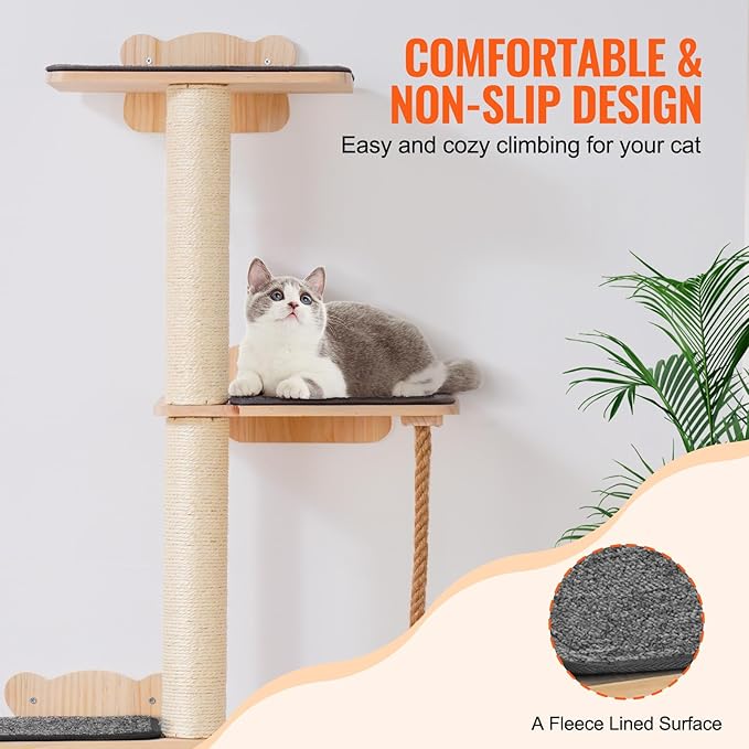 VEVOR 4 Tiers Tall Cat Wall Furniture Set with 4 Jumping Boards, Wall-Mounted Cat Floating Shelf up to 40 lbs, 12 mm Pine Wood Perch for Sleeping, Playing, and Climbing