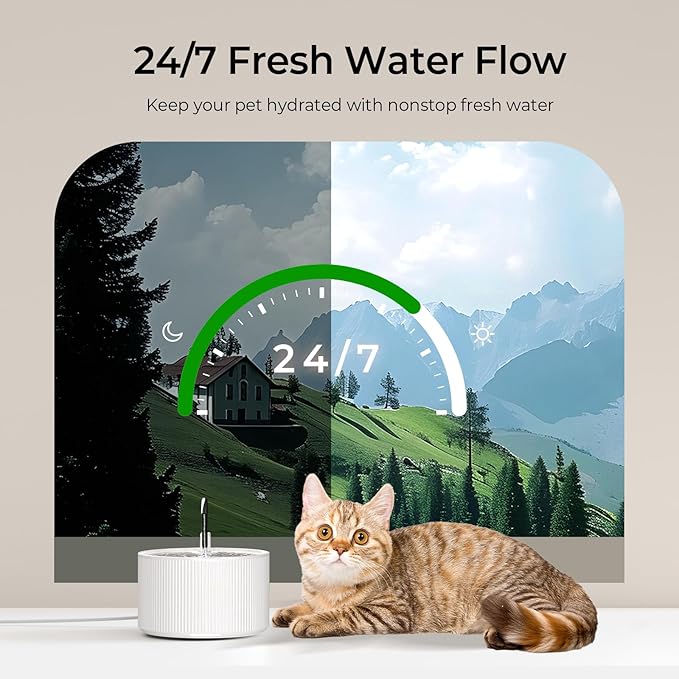 Voluas Ceramic Cat Water Fountain, 2.2L/74oz Cat Fountains for Drinking Indoor, Automatic Pet Water Dispenser with Ultra-Quiet Pump and Replacement Filter, Kitty Watering Supplies, Easy Clean BPA-Free