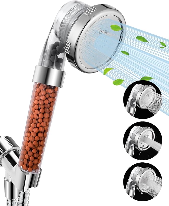 Luxsego Filtered Shower Head for Hard Water, High Pressure 3 Modes Shower Heads with Handheld Spray, Water Softener Showerhead Set with Mineral Beads to Remove Chlorine & Fluoride for Dry Hair & Skin