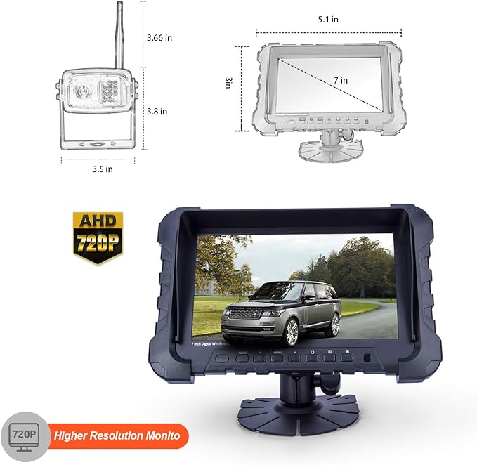 Digital Wireless Backup Camera System, 720P Reverse Camera Wireless with Infrared Night Vision and Wide Viewing Angles, 7 inch Wireless Monitor Split Screen for Trailer, RVs, Camper, 5th Wheel, etc