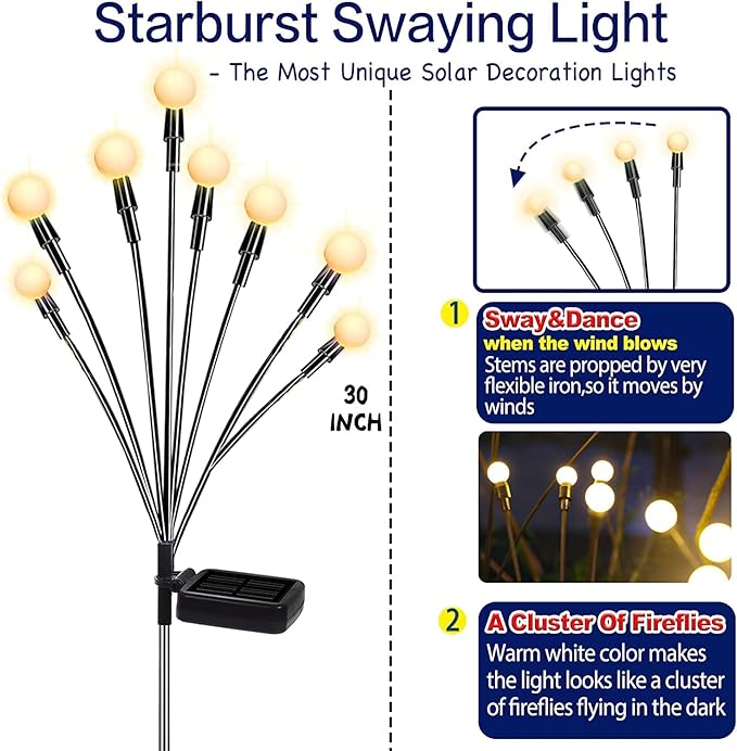 TONULAX Solar Garden Lights - Upgraded Solar Swaying Light, Sway by Wind, Outdoor Lights, Yard Patio Pathway Decoration, High Flexibility Iron Wire & Heavy Bulb Base, Warm White (4 Pack)