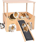 Large Wooden Guinea Pig Hideout, 2-Story Guinea Pig Castle with Non-Slip Stairs and Double-Sided Mat, Multi-Cave Design Small Animal House for Dwarf Hamsters, Sugar Gliders, Bunnny Habitat