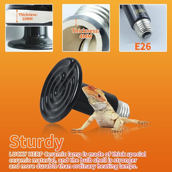 LUCKY HERP 100W Ceramic Heat Emitter, Reptile Heat Bulbs, Ceramic Heat Lamp for Reptiles, Amphibian, Chicken, Dog, Cat (2-Pack)