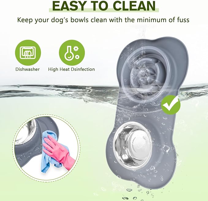 Pecute Slow Feeder Dog Bowls to Slow Down Eating, Dog Bowl Slow Feeder with No-Spill Non-Skid Silicone Mat, Food-Grade Safe Dog Food Bowls Slow Feeder, Stainless Steel Dog Water Bowl for Dogs Cats