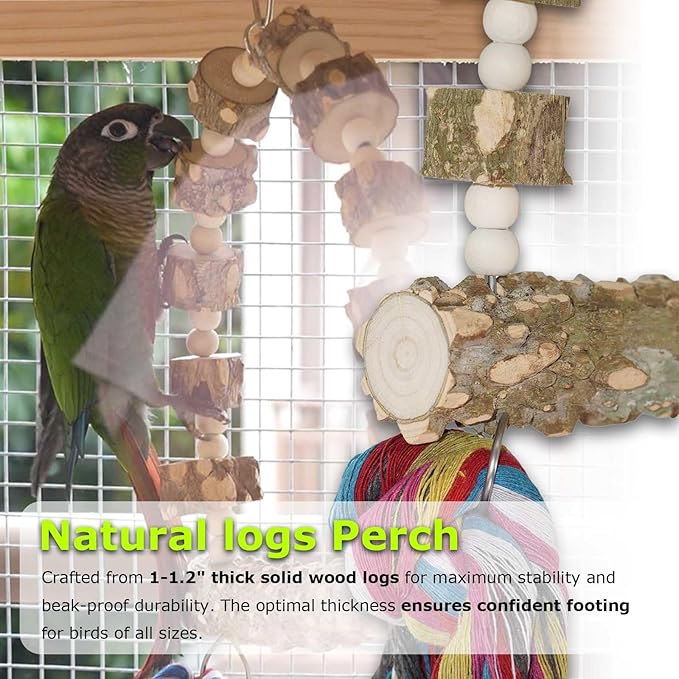 Bird Perch Swing, Large Natural Wood Parrot Toys, 1PC Parrot Swing and 2PCS Perches, Bird Cage Accessories