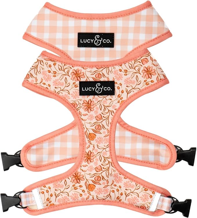 Lucy & Co. Cute Reversible Dog Harness Walking Halter - Best Designer Pet Harnesses for XS - XL Dogs - Padded Adjustable Vest for Easy Walking-Medium-Peach Pink Floral Plaid