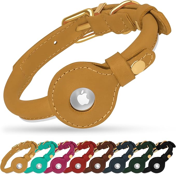 OOPSDOGGY Rolled Leather Dog Collar with Airtag Holder - Reflective Round Airtag Dog Collar - Soft Tracking Pet Collar for Small Dogs Puppy Cats Kitten (Camel, M, 12"-15")