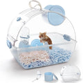 Small Portable Hamster Cages,13×8.2×10.8 Inch Hamster Carrier with Water Bottle,Dwarf Hamster Travel Cage with Storage Box,360º Transparent Acrylic Pet Travel Carrier,Mouse Gerbil Cage(Blue)