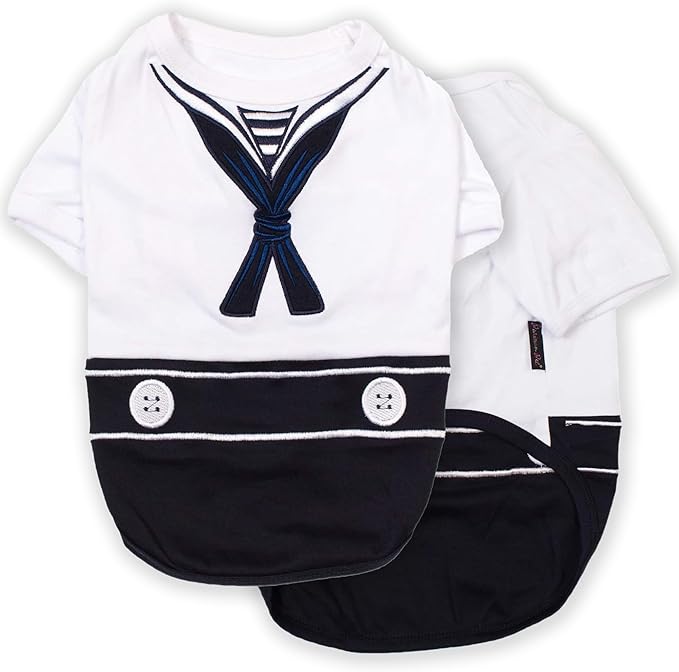 Parisian Pet Dog Shirt - Embroidered Sailor Dog Costume - 100% Cotton & Polyester Pet Costume - Sleeved Dog Clothes - Blue and White Dog Costumes for Small Dogs - Dog Shirts - S