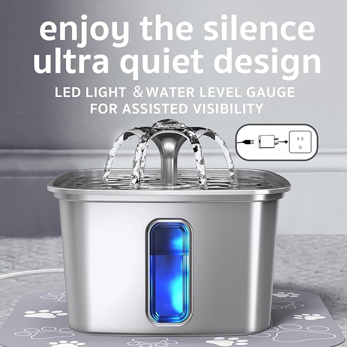 Veken Innovation Award Winner Stainless Steel Cat Water Fountain, 108oz/3.2L Automatic Pet Fountain Dog Water Dispenser with 6 Replacement Filters & Silicone Mat for Cats, Dogs, Multiple Pets (Silver)