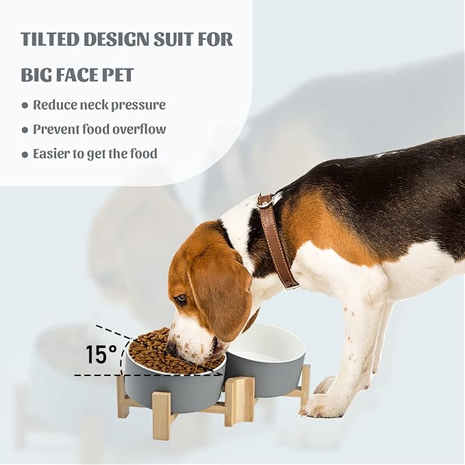 SPUNKYJUNKY 15° Slanted Ceramic Dog and Cat Bowl with Wooden Stand, Tilted Bulldog Food and Water Bowl No Slip Non-Spill for Cats Medium Dogs Big Face Pets 28.7 OZ (3.6 Cups, White-Grey × 2)