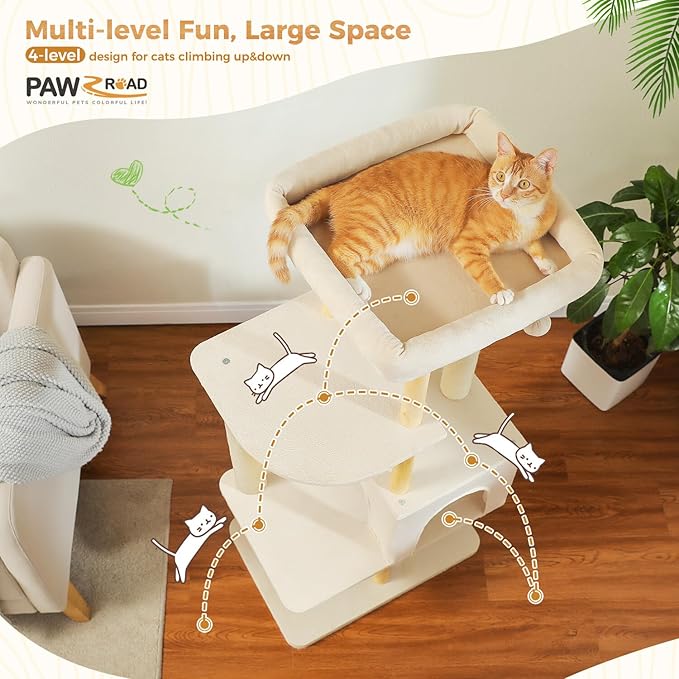 PAWZ Road Large Cat Tree, 53 Inches Modern Wooden Cat Tower for Indoor Large Cats, Multi-Level Cat Condos with Long Scratching Posts and Natural Wood Posts-Beige