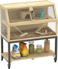 PawHut Hamster Cage with Storage Shelf, Wooden Rat Cage on Wheel, Small Aniaml Cage with Seesaws, Water Bottle, Hut & Ramps, for Dwarf, Gerbil, Syrian Hamster, Mouse, 34" L x 17" W x 40" H