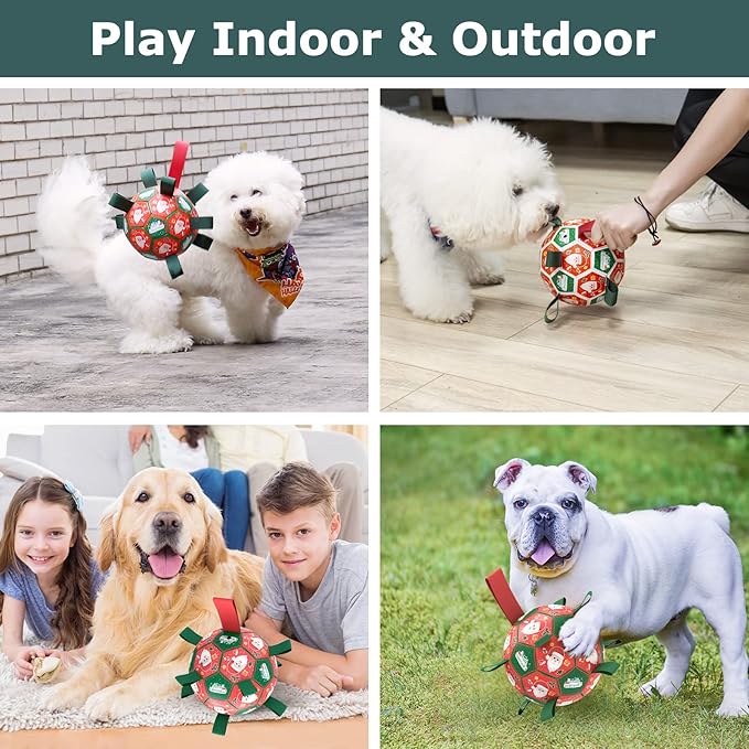 QDAN Christmas Dog Balls with Straps, Soccer Ball for Dogs for Small Medium Pet, Interactive Rope Toys, Puppy Birthday Gifts (6 Inch)
