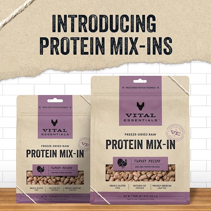 Vital Essentials Freeze Dried Raw Protein Mix-in Dog Food Topper, Turkey Mini Nibs Topper for Dogs, 6 oz