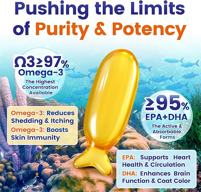 Fish Oil for Dogs & Cats, Omega 3 Fish Oil for Pets | Rich in 97% Omega 3 & 95% EPA+DHA | Made with Peruvian Anchovies, Promotes Healthy Skin, Shiny Coat & Strong Joints, 100 Capsules
