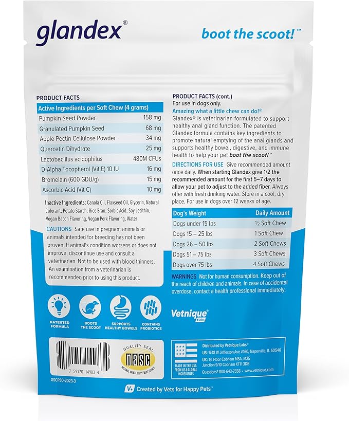 Vetnique Labs Glandex Anal Gland Soft Chew Treats with Pumpkin for Dogs Digestive Enzymes, Probiotics Fiber Supplement for Dogs Boot The Scoot (Bacon/Pork Chews, 30 Count)