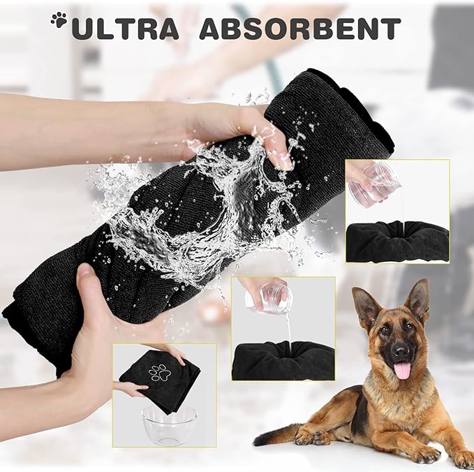 Chumia 4 Pack Dog Towels for Drying Large Microfiber Grooming Tools Absorbent Soft Bath Supplies with Embroidered Paw for Small Medium Pet Products(16 x 32 Inch,Black)