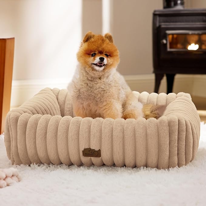 Bedsure Cute Dog Bed for Small Medium Dogs - Washable Furry Puppy Beds, Rectangle Orthopedic Corduroy Fleece Pet Beds with Removable Zipper Cover, 25x21x7inches,Sandy Beige