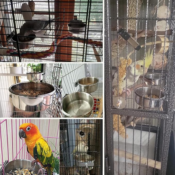 PINVNBY 6 Pieces Stainless Steel Bird Feeding Dish Cups,Parrot Feeder Parakeet Food Water Bowls with Clamp Holder & 6 Pcs Bird Spoon & 6 Pcs Birds Ball Toys for Budgies Macaw Small Animal(M)