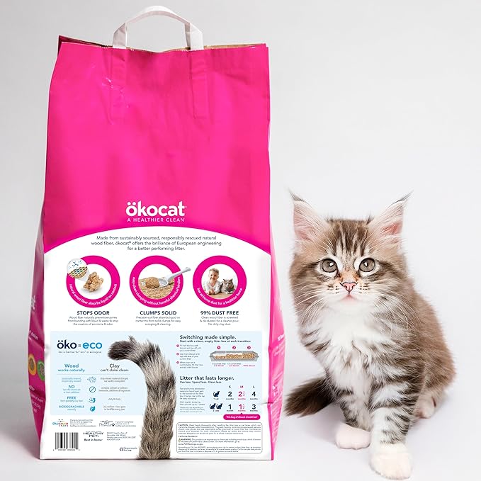 ökocat Super Soft Wood Clumping Cat Litter, Unscented, 15.8 pounds - Natural Ingredients, Stops Odor, Clumps Solid, 99% Dust Free, Great for All Cats, Sensitive Paws, Kittens