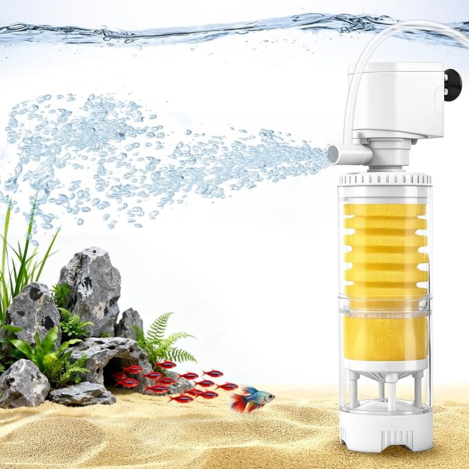 Fish Tank Filters for 10-20 Gallon Tank, 4-in-1 Aquarium Filter with Multi-Layer Filtration, Adjustable Oxygenation & Wavemaker, Impurity Separation