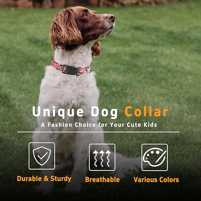 Dog Collar for Boys & Girls, Puppy Collar for Small to Large Dogs, Adjustable Soft Floral Pattern Pet Collar with Safety Buckle for Male & Females (Red, L)
