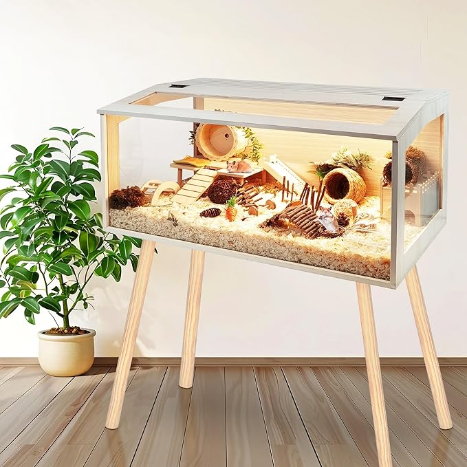 Prolee Hamster Cage Wooden Chew Proof, Extra Large Mice and Rat Habitat Openable Top with Acrylic Sheets Solid Built Small Animal Cage with Leg Stands, 48 Inch Long