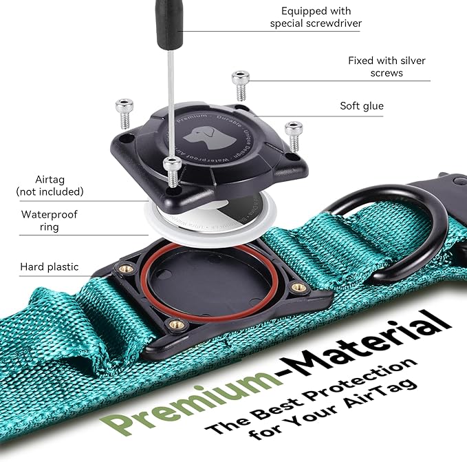 2025 Upgrade Waterproof AirTag Dog Collar, Military Tactical Dog Collar with AirTag Holder, Comfortable Control Handle and Metal Buckle, GPS Dog Collar Holder for Medium to Large Dogs (Blue,L)
