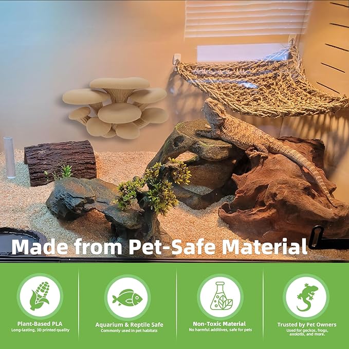 Mushroom Decor for Reptile Tank, Fish Tank, Pet-Safe Bearded Dragon Tank Accessories, Realistic Terrarium Plants for Leopard Geckos, Crested Geckos, Tree Frogs, Snakes (Almond, Cluster Cap)