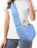Ferret Sling Carrier, Small Pet Bag with Adjustable Strap, Cozy Bunny Carrying Travel Cuddler, Hands-Free Bonding Pouch Front for Guinea Pig Puppy Kitten, Small Animal Accessories for Outside-Blue