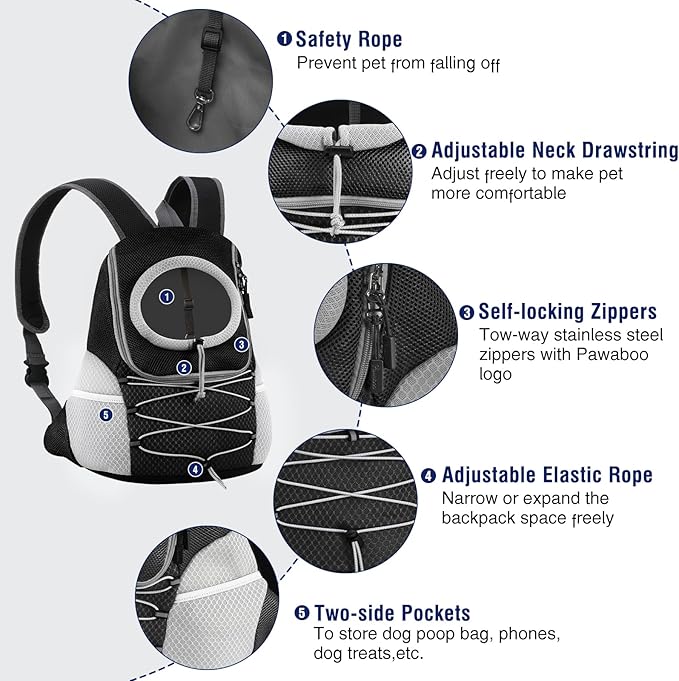 Pawaboo Pet Dog Carrier Backpack, Puppy Dog Travel Front Carrier for Small Medium Dogs Cats, Adjustable Breathable Dog Carrying Backpack with Safety Strips for Hiking, Walking (Black M Up to 10 lbs)