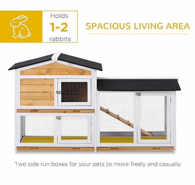 PawHut 62" Rabbit Hutch, Wooden Bunny Hutch, Guinea Pig Cage, Small Animal Enclosure with Run Area, Removable Tray, Asphalt Roof, Lockable Doors and Ramp, Nature Wood