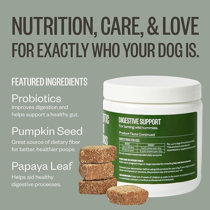Ollie Belly Rubs, Probiotic Dog Chews, Digestive Health, Natural Ingredients, for Upset Stomach Relief, Appx. 60 Count