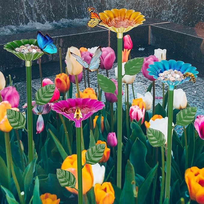 2 Pack Bee Watering Station,Bee Bath for Garden Metal Bee Water Feeder with Flower Design, Colorful Butterfly Bee Bath Bowl for Outdoor Garden Yard Decor (Blue,Yellow)