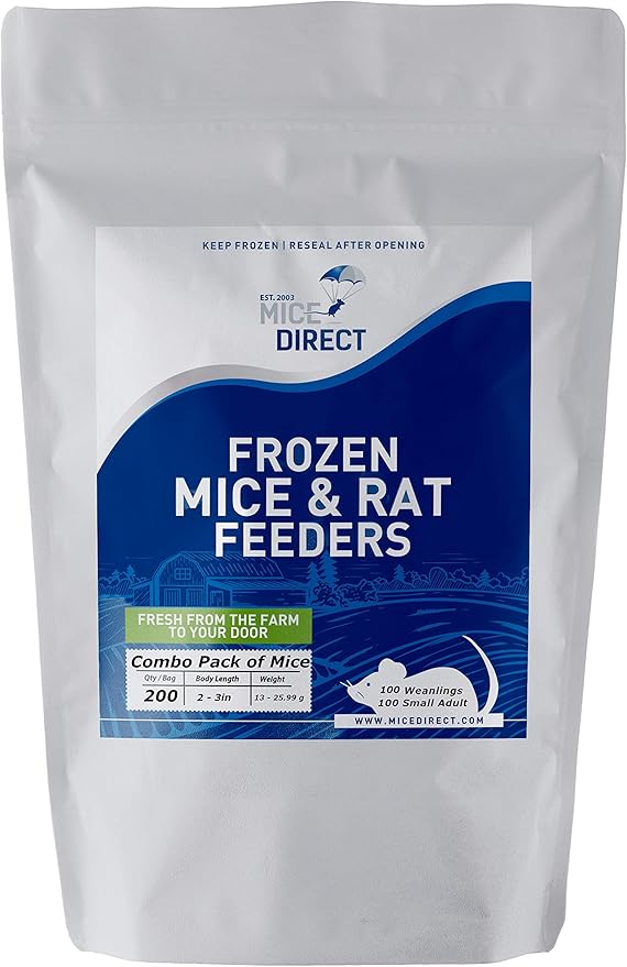 MiceDirect EST. 2003 200 Frozen Mice Combo Pack of 100 Weanlings and 100 Small Adult Feeders Snake Food for Adult Sand Boa Corn Milk Snakes (2-3 in)(3200 Grams Min)