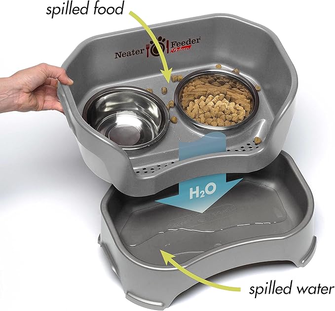 Neater Pet Brands Neater Feeder Deluxe Mess Proof Dog Bowls Elevated for Small Dogs Under 19 lbs, Made in USA, No Spill Raised Dog Food Bowl Stand Feeding Station, Food and Water Bowl Set, Grey