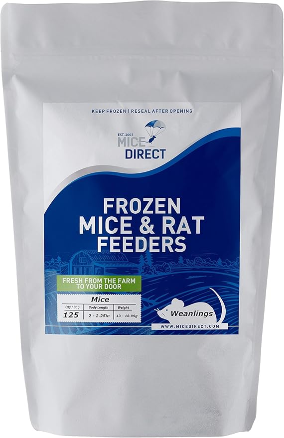 MiceDirect EST. 2003 125 Frozen Mice Weanling Feeders Snake Food for Juvenile Red Tail Boas Ball Python Adult Milk Snakes Corn Sand Boa (2-2.5 in) (1625 Grams Min)